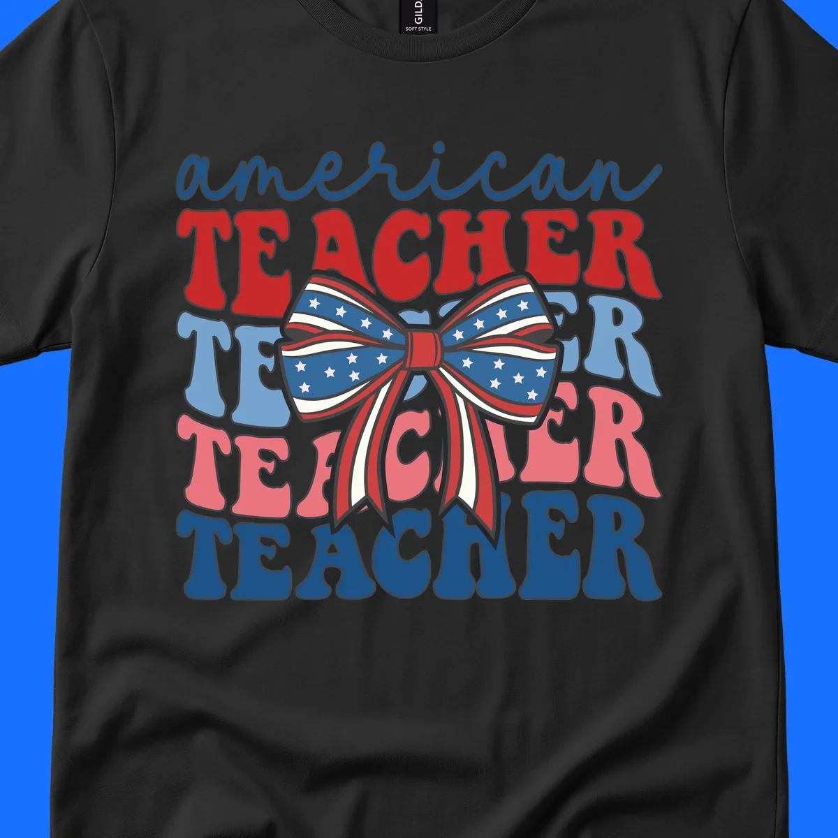 A graphic design reading 'american TEACHER' with the word TEACHER repeated four times, featuring a large patriotic American flag bow with stars and stripes. The text is in red, blue, and pink colors, outlined in dark gray.