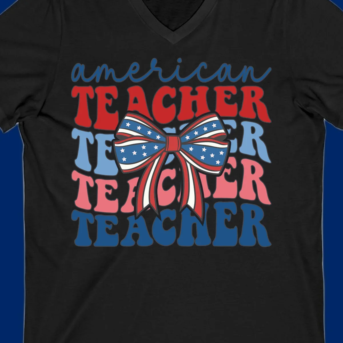 A graphic design reading 'american TEACHER' with the word TEACHER repeated four times, featuring a large patriotic American flag bow with stars and stripes. The text is in red, blue, and pink colors, outlined in dark gray.