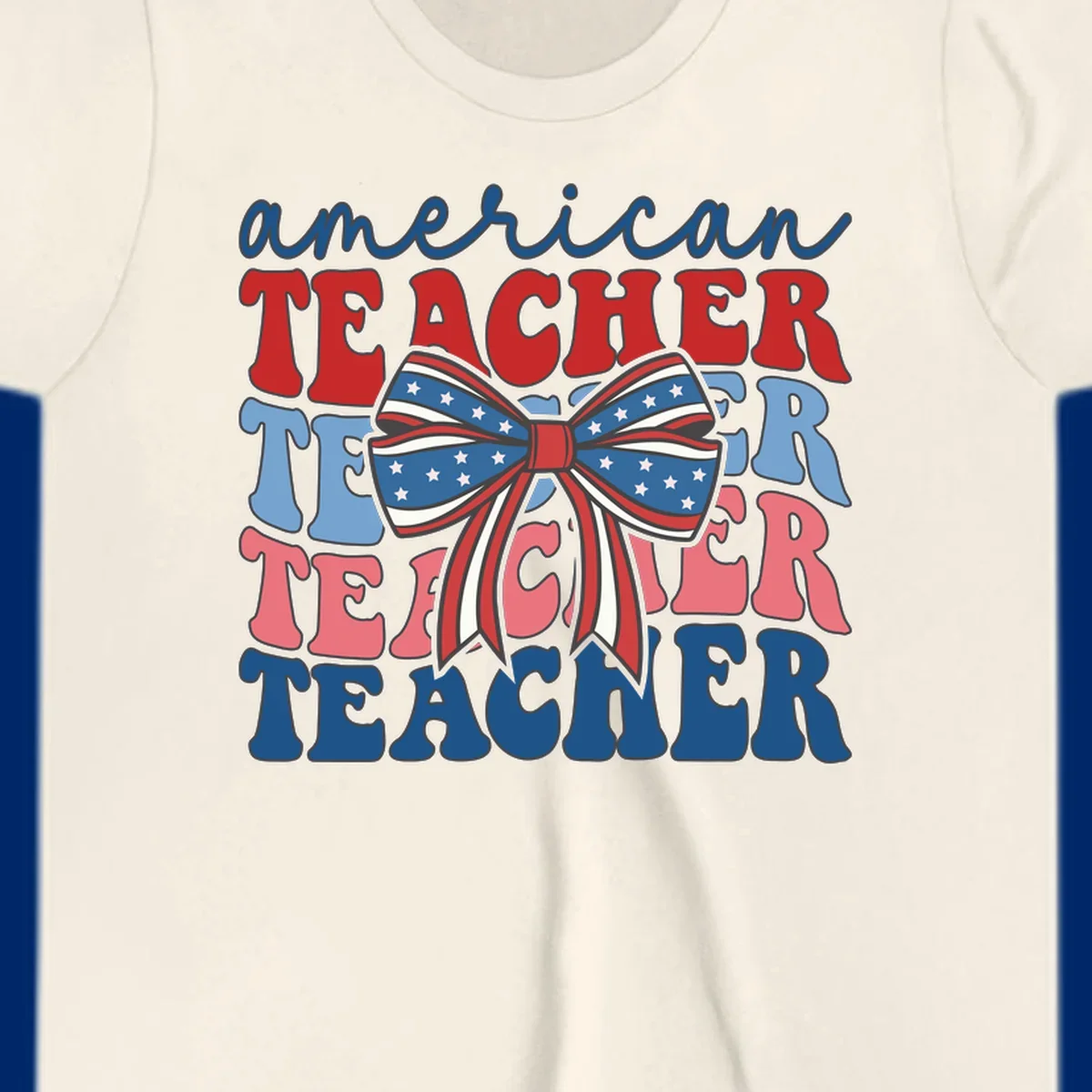 A graphic design reading 'american TEACHER' with the word TEACHER repeated four times, featuring a large patriotic American flag bow with stars and stripes. The text is in red, blue, and pink colors, outlined in dark gray.