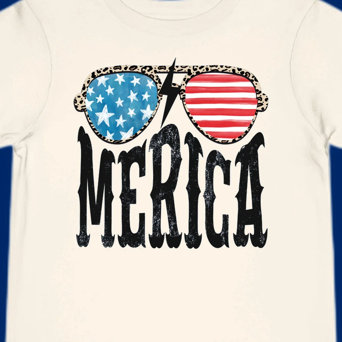 Leopard print frame sunglasses with American flag lenses and a lightning bolt, above the distressed text 'MERICA'. This leopard-merica-sunglasses design is perfect for patriotic celebrations.