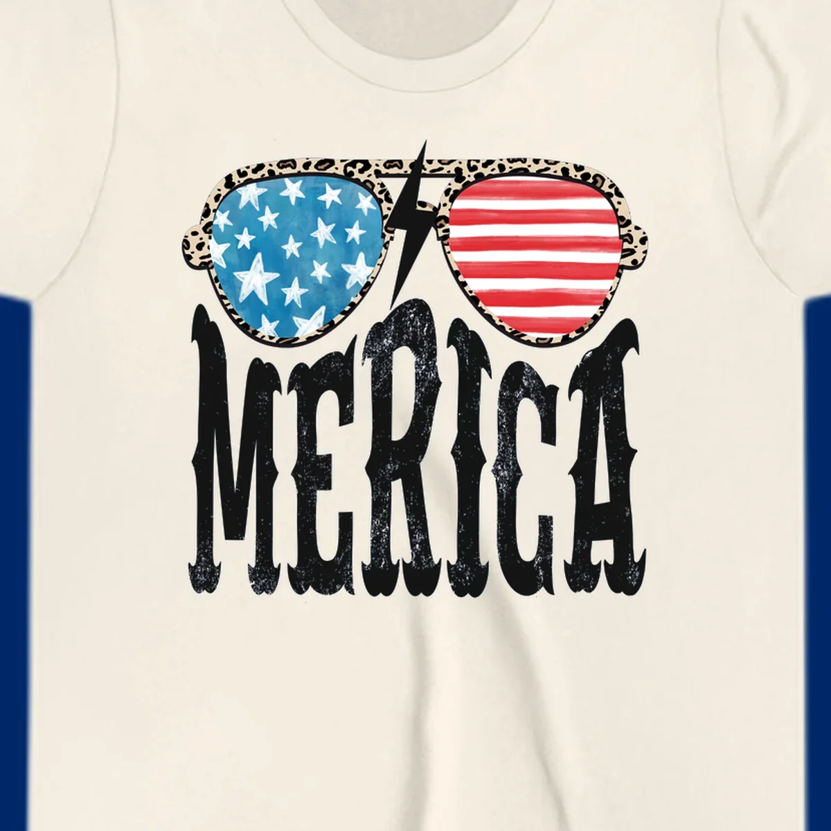 Leopard print frame sunglasses with American flag lenses and a lightning bolt, above the distressed text 'MERICA'. This leopard-merica-sunglasses design is perfect for patriotic celebrations.