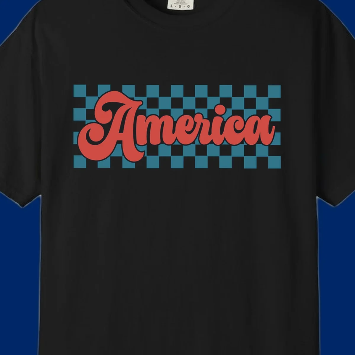 The word 'America' in a red, retro, cursive font with a black outline, set against a teal and white checkerboard pattern. Features america-retro-checkerboard concept.