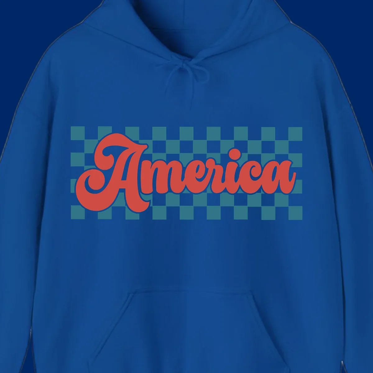 The word 'America' in a red, retro, cursive font with a black outline, set against a teal and white checkerboard pattern. Features america-retro-checkerboard concept.