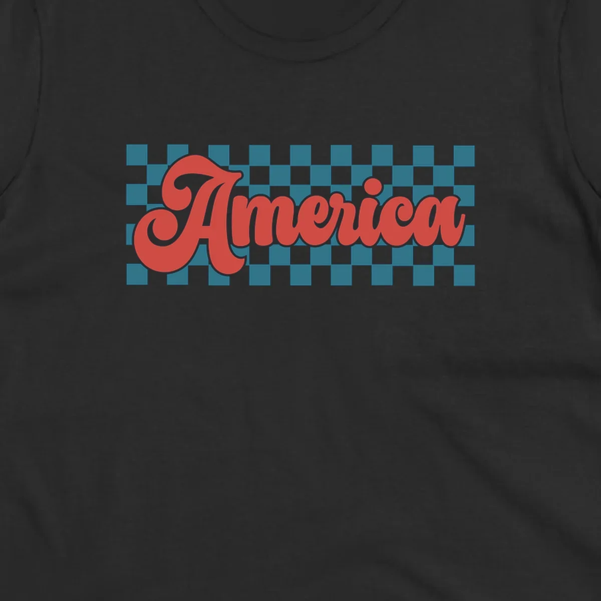 The word 'America' in a red, retro, cursive font with a black outline, set against a teal and white checkerboard pattern. Features america-retro-checkerboard concept.