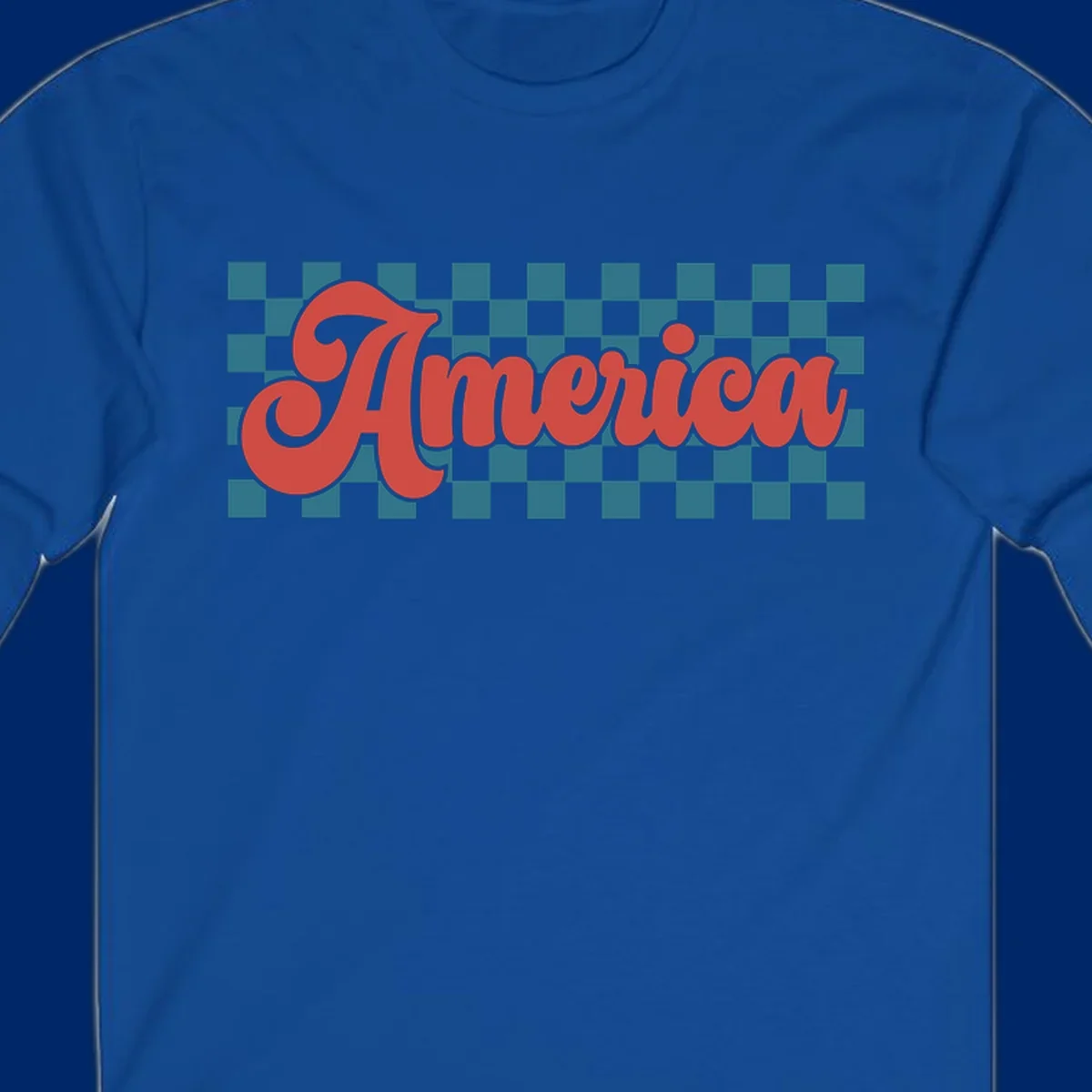 The word 'America' in a red, retro, cursive font with a black outline, set against a teal and white checkerboard pattern. Features america-retro-checkerboard concept.