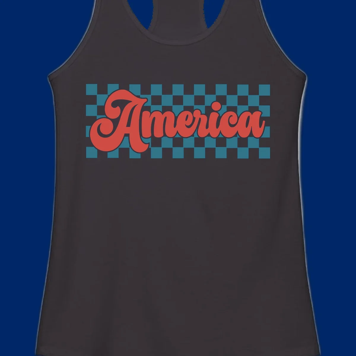 The word 'America' in a red, retro, cursive font with a black outline, set against a teal and white checkerboard pattern. Features america-retro-checkerboard concept.