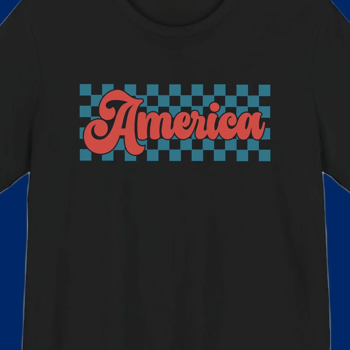 The word 'America' in a red, retro, cursive font with a black outline, set against a teal and white checkerboard pattern. Features america-retro-checkerboard concept.