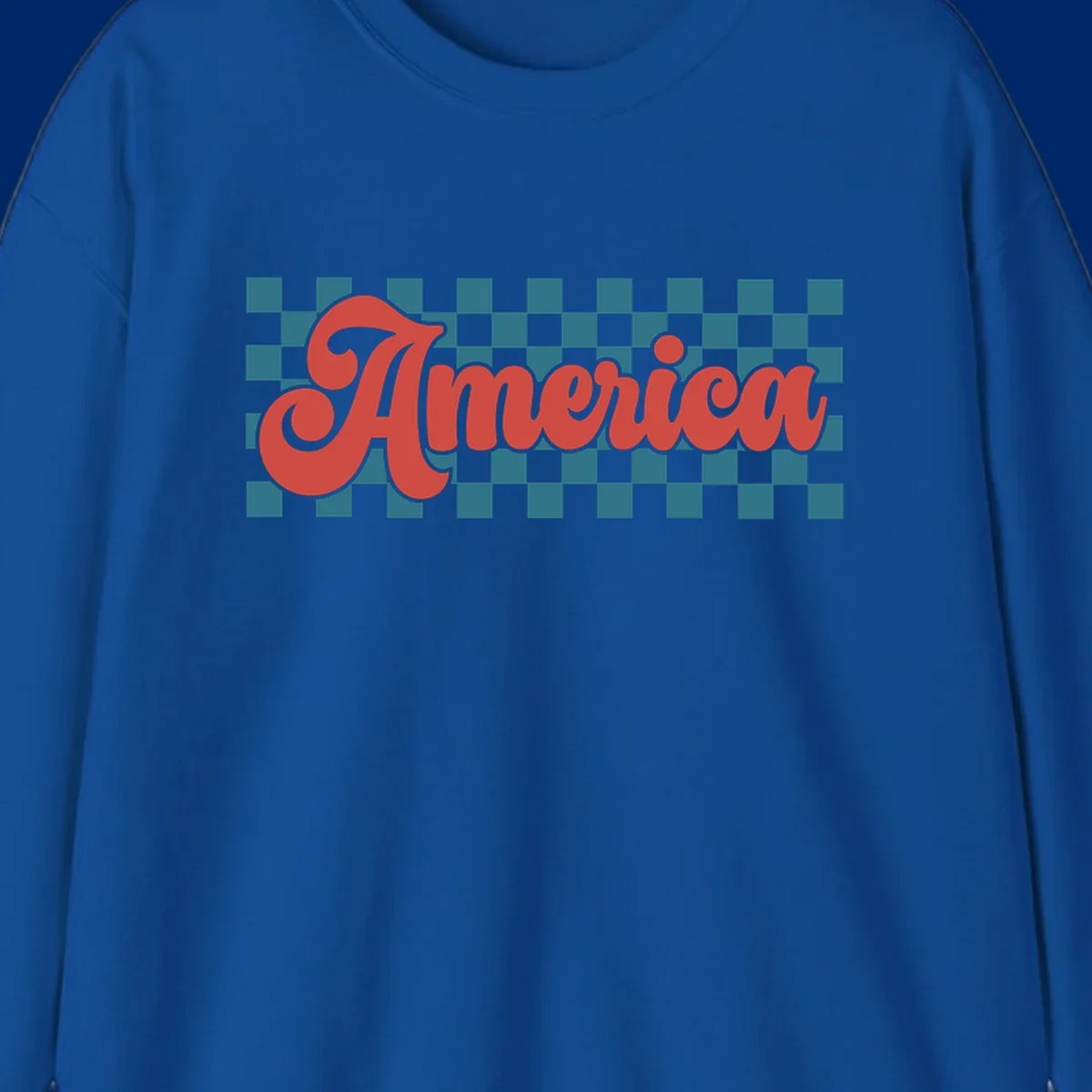 The word 'America' in a red, retro, cursive font with a black outline, set against a teal and white checkerboard pattern. Features america-retro-checkerboard concept.