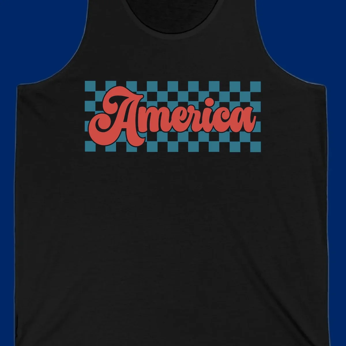 The word 'America' in a red, retro, cursive font with a black outline, set against a teal and white checkerboard pattern. Features america-retro-checkerboard concept.