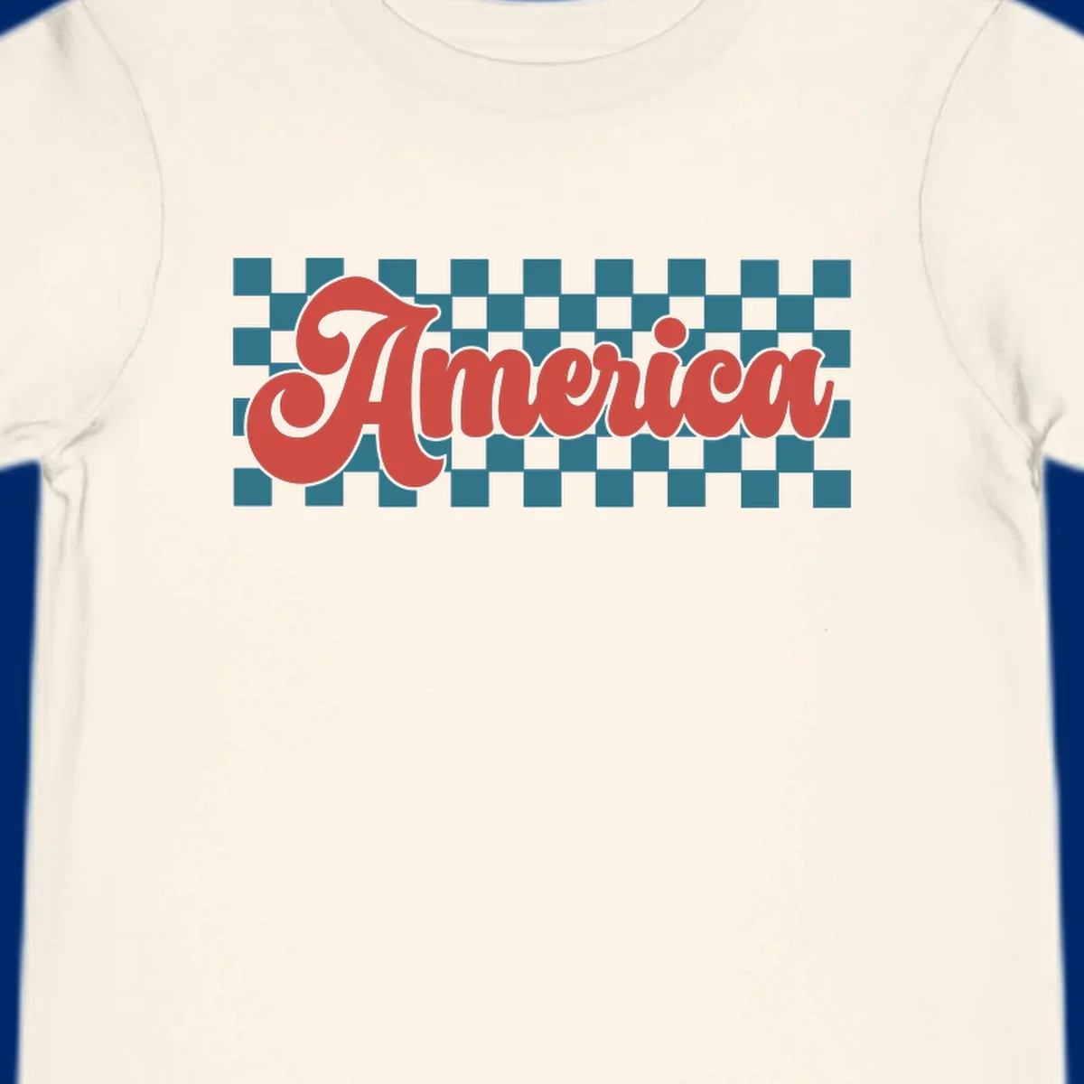The word 'America' in a red, retro, cursive font with a black outline, set against a teal and white checkerboard pattern. Features america-retro-checkerboard concept.