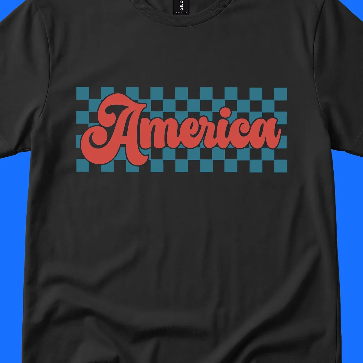 The word 'America' in a red, retro, cursive font with a black outline, set against a teal and white checkerboard pattern. Features america-retro-checkerboard concept.