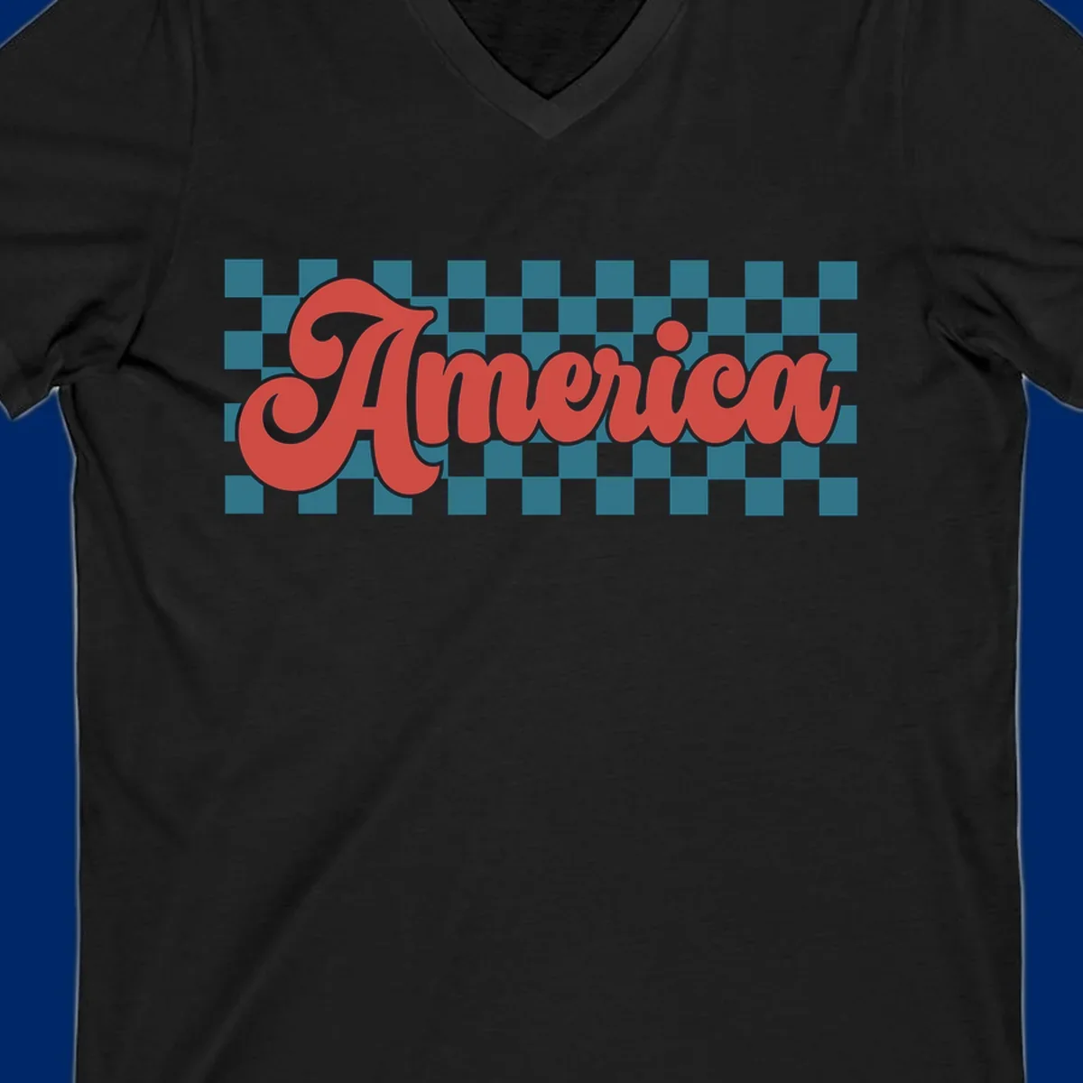 The word 'America' in a red, retro, cursive font with a black outline, set against a teal and white checkerboard pattern. Features america-retro-checkerboard concept.