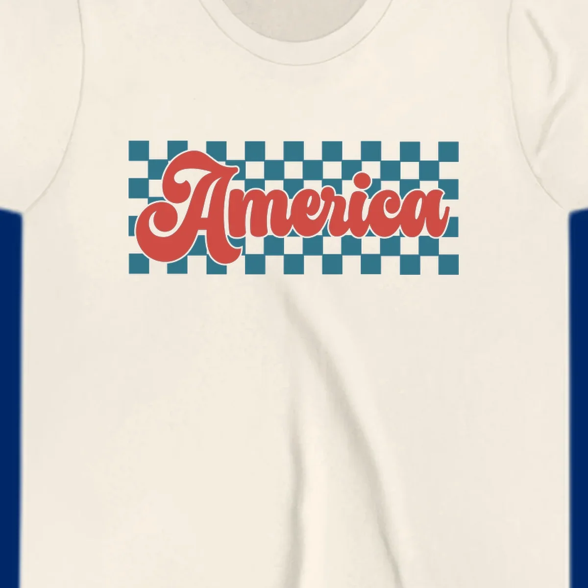 The word 'America' in a red, retro, cursive font with a black outline, set against a teal and white checkerboard pattern. Features america-retro-checkerboard concept.