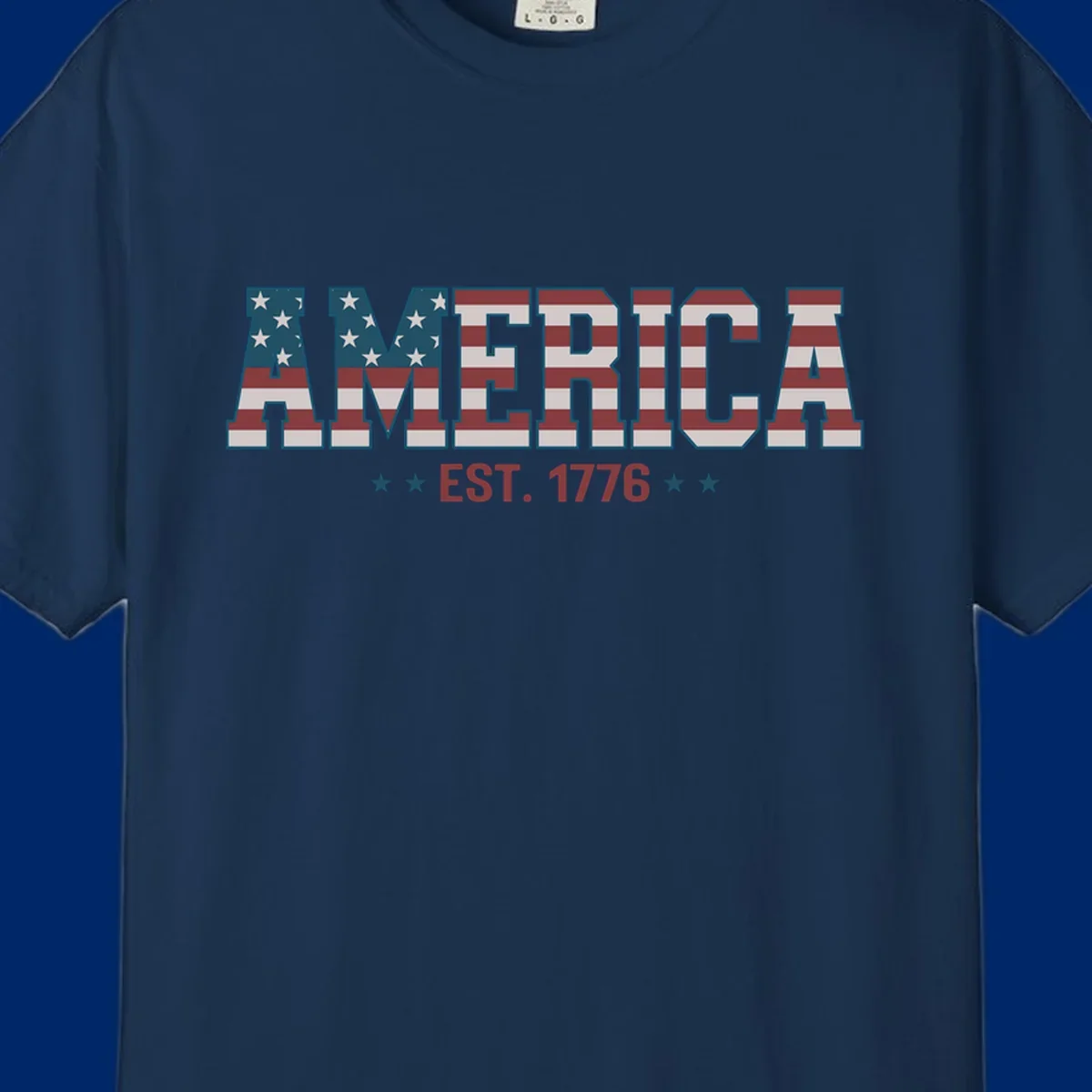 The word AMERICA in large block letters filled with a distressed American flag pattern, with EST. 1776 below flanked by stars, representing america-established-1776.