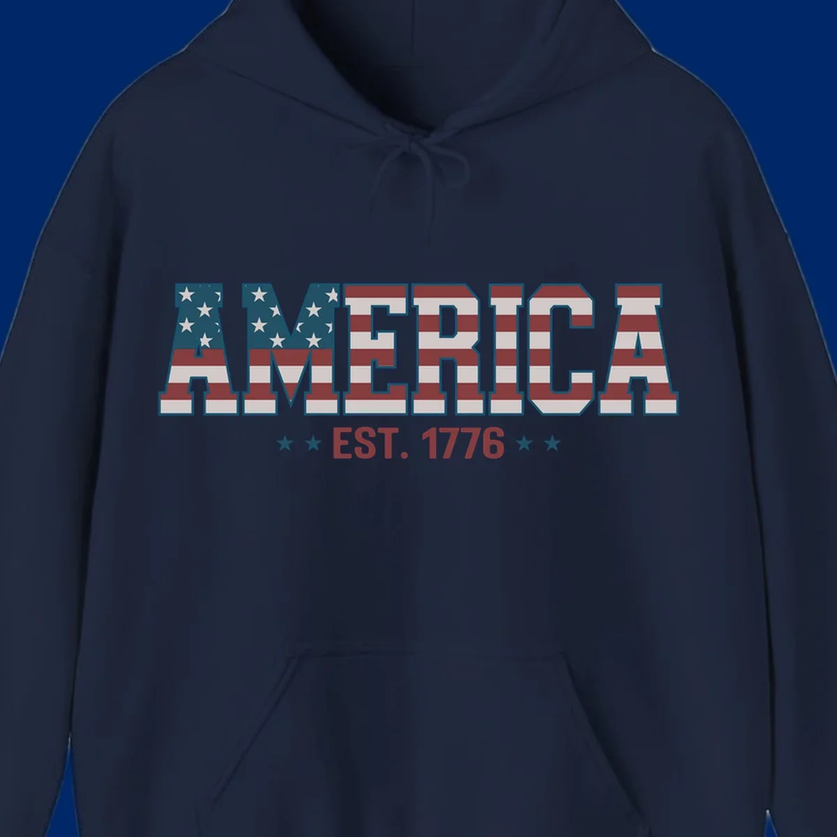 The word AMERICA in large block letters filled with a distressed American flag pattern, with EST. 1776 below flanked by stars, representing america-established-1776.