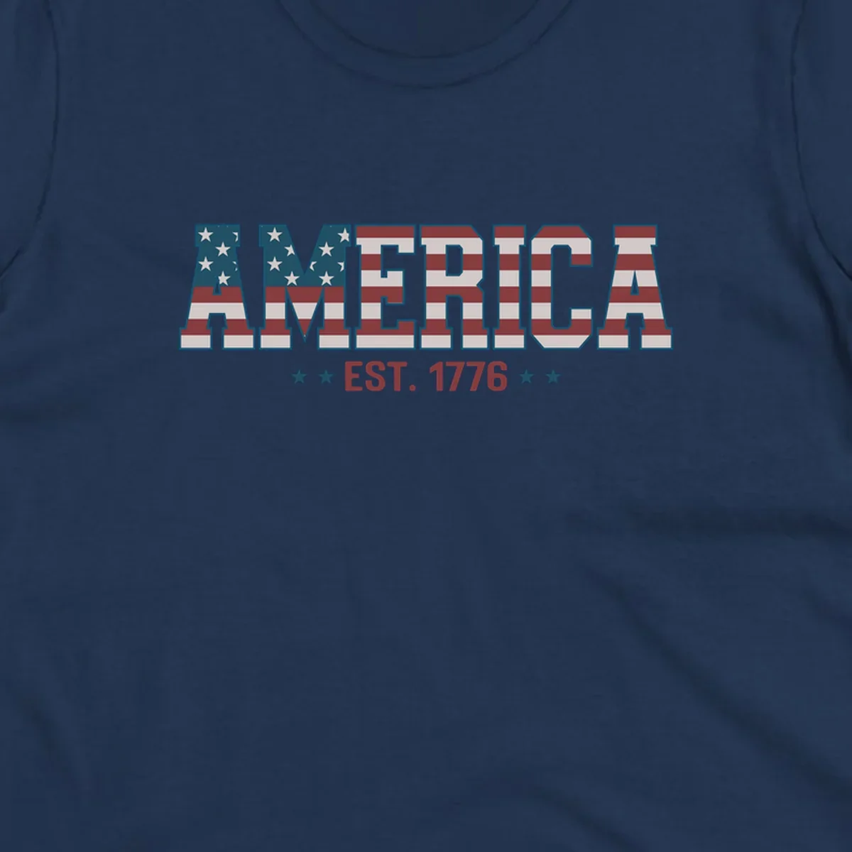 The word AMERICA in large block letters filled with a distressed American flag pattern, with EST. 1776 below flanked by stars, representing america-established-1776.