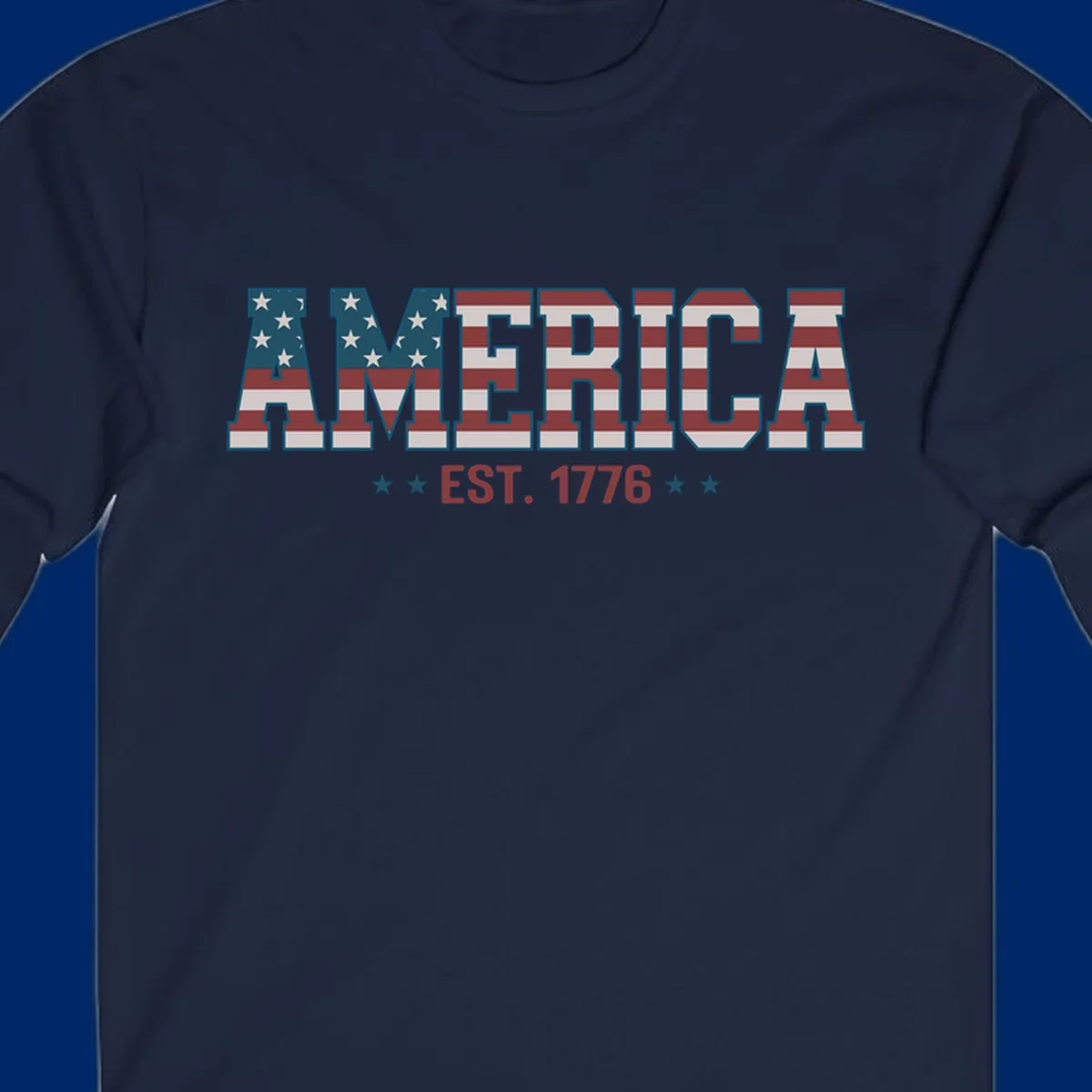 The word AMERICA in large block letters filled with a distressed American flag pattern, with EST. 1776 below flanked by stars, representing america-established-1776.