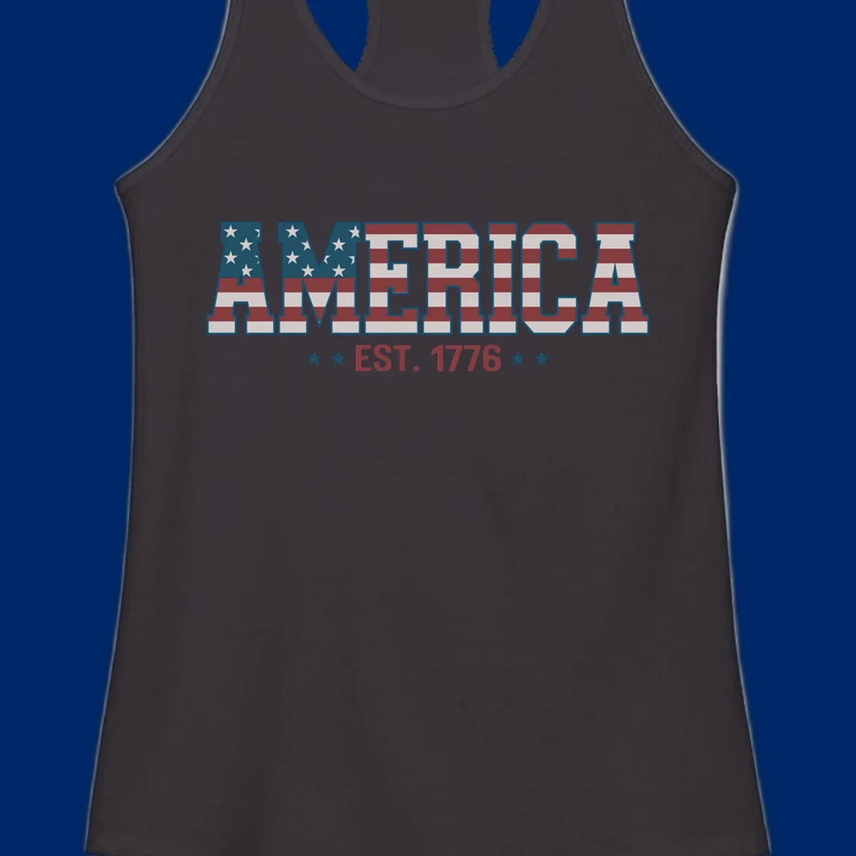 The word AMERICA in large block letters filled with a distressed American flag pattern, with EST. 1776 below flanked by stars, representing america-established-1776.