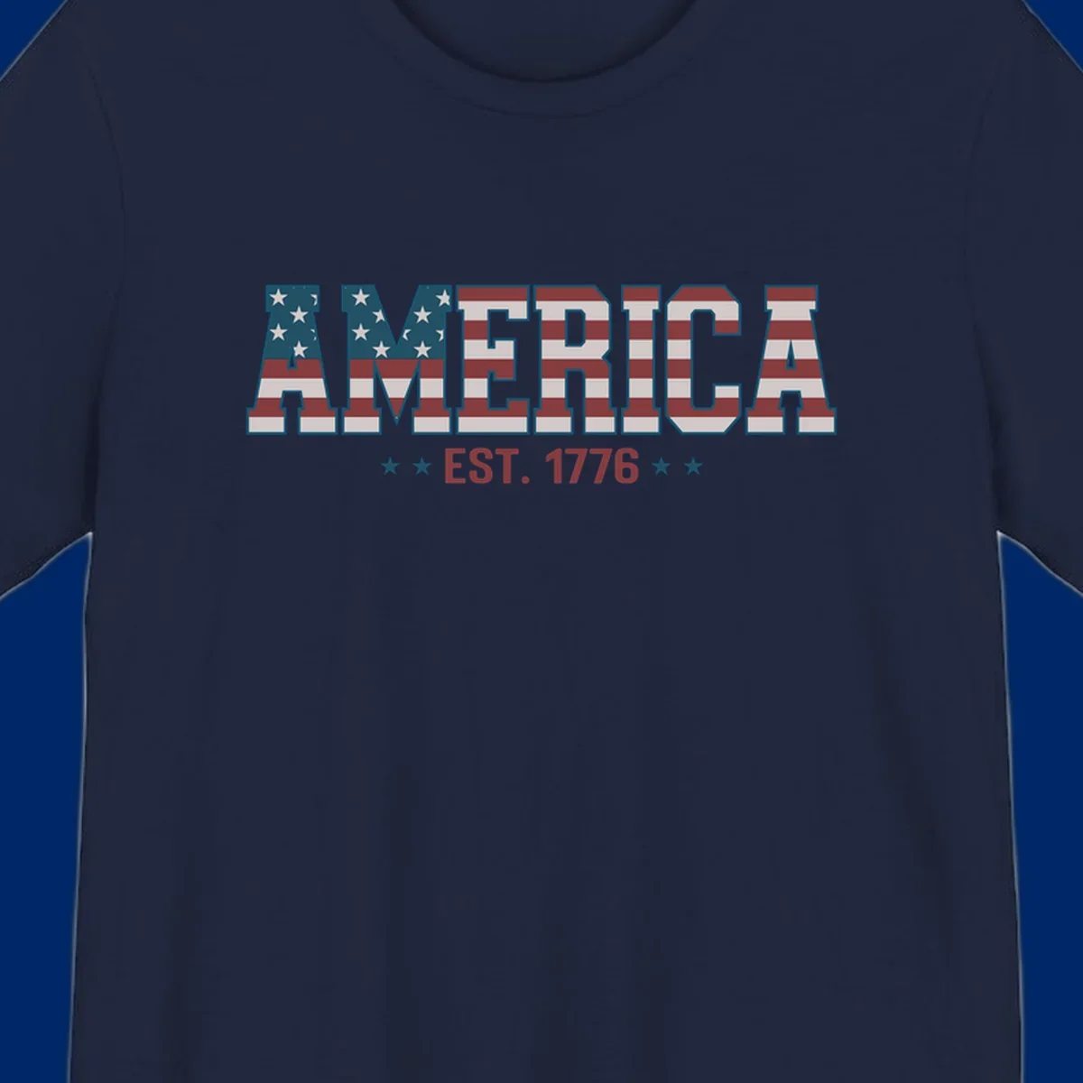 The word AMERICA in large block letters filled with a distressed American flag pattern, with EST. 1776 below flanked by stars, representing america-established-1776.