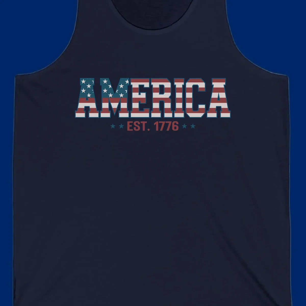 The word AMERICA in large block letters filled with a distressed American flag pattern, with EST. 1776 below flanked by stars, representing america-established-1776.