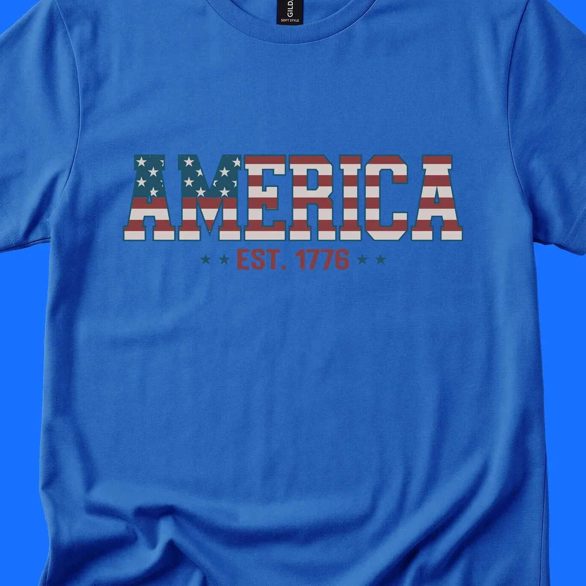 The word AMERICA in large block letters filled with a distressed American flag pattern, with EST. 1776 below flanked by stars, representing america-established-1776.