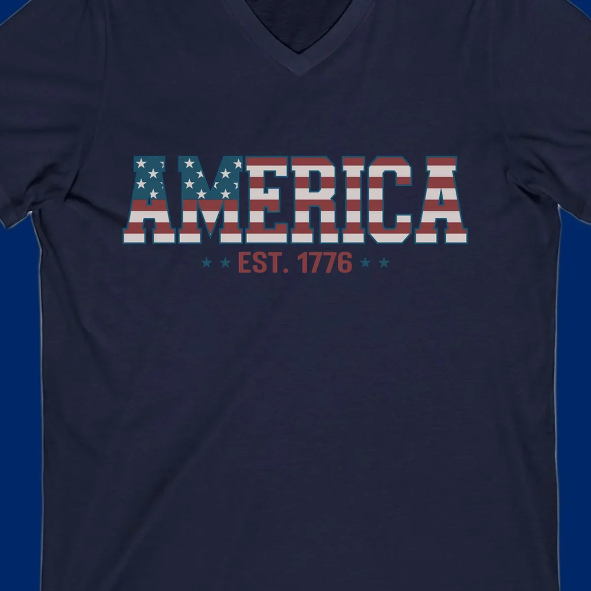 The word AMERICA in large block letters filled with a distressed American flag pattern, with EST. 1776 below flanked by stars, representing america-established-1776.