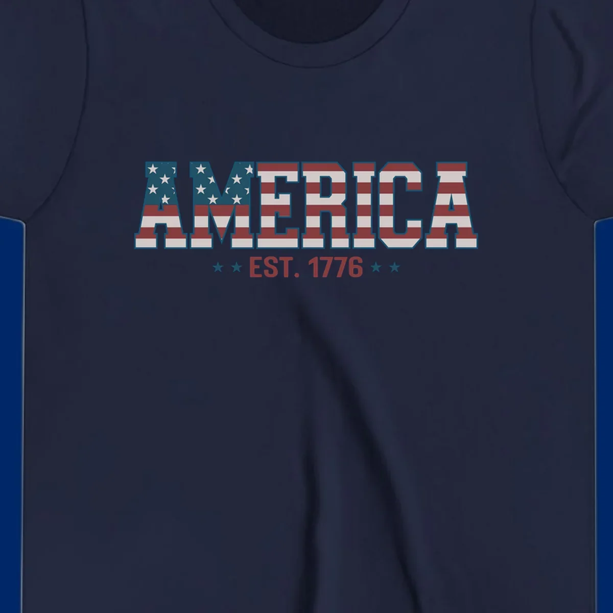 The word AMERICA in large block letters filled with a distressed American flag pattern, with EST. 1776 below flanked by stars, representing america-established-1776.