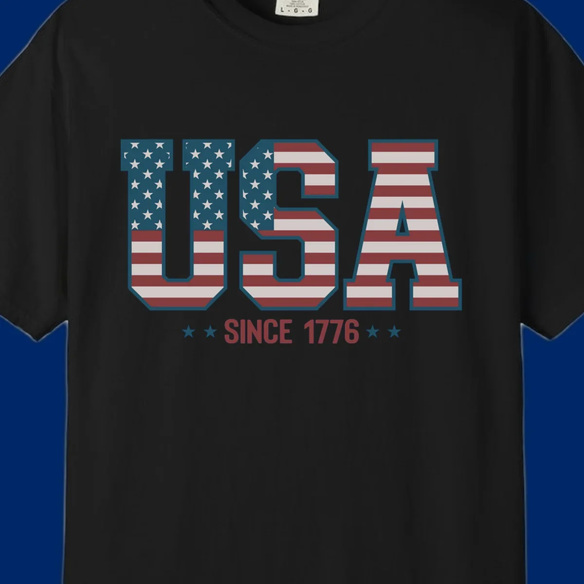 USA Since 1776 patriotic design with American flag pattern letters and stars below the text.