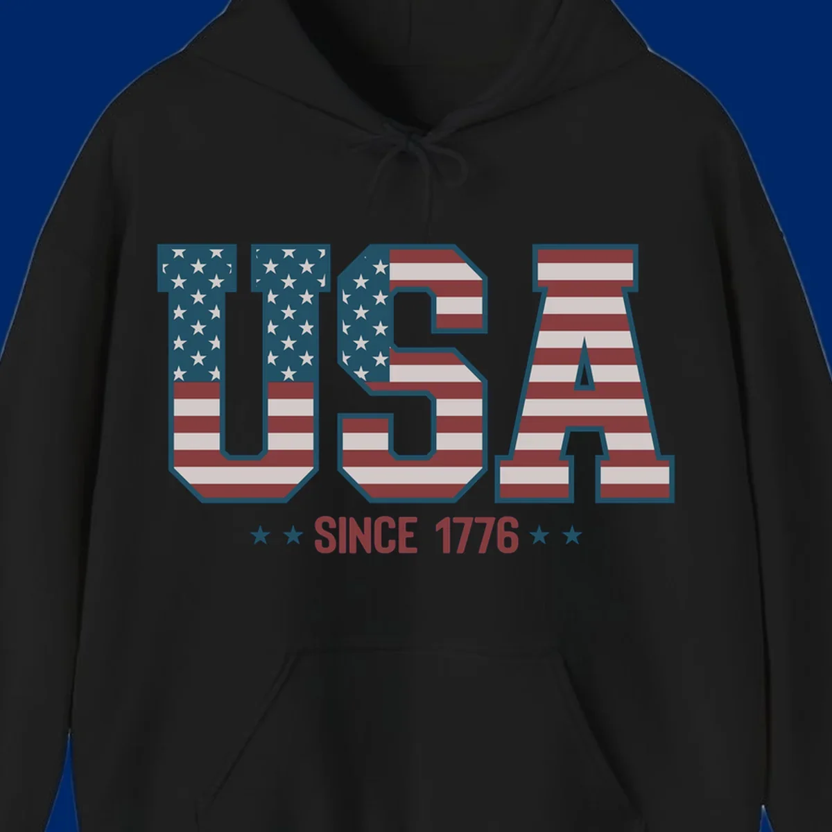 USA Since 1776 patriotic design with American flag pattern letters and stars below the text.