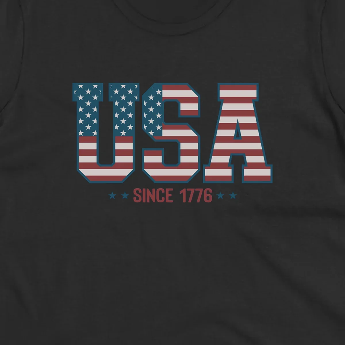 USA Since 1776 patriotic design with American flag pattern letters and stars below the text.