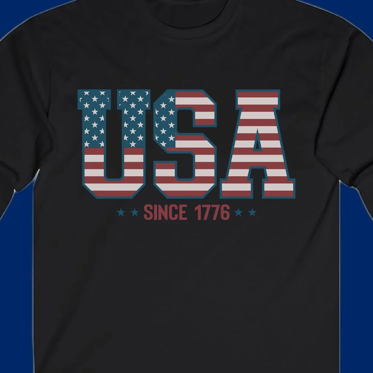 USA Since 1776 patriotic design with American flag pattern letters and stars below the text.