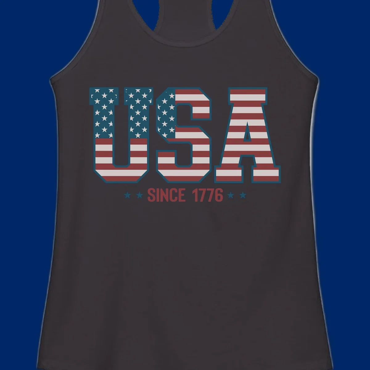 USA Since 1776 patriotic design with American flag pattern letters and stars below the text.