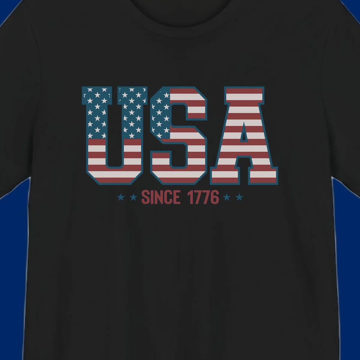 USA Since 1776 patriotic design with American flag pattern letters and stars below the text.