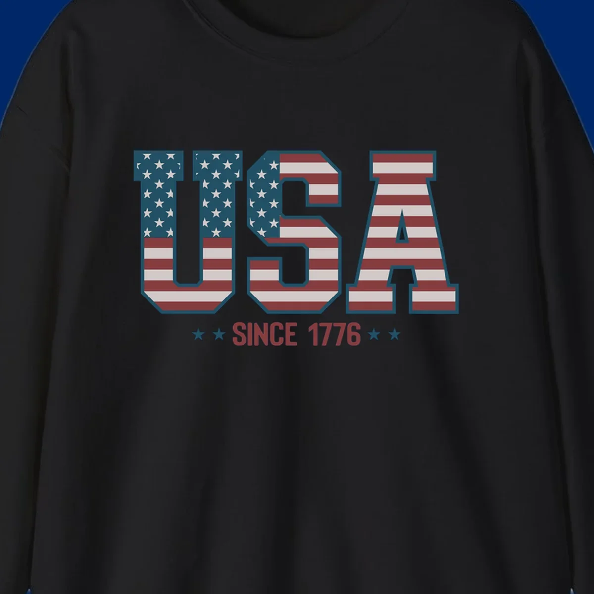 USA Since 1776 patriotic design with American flag pattern letters and stars below the text.