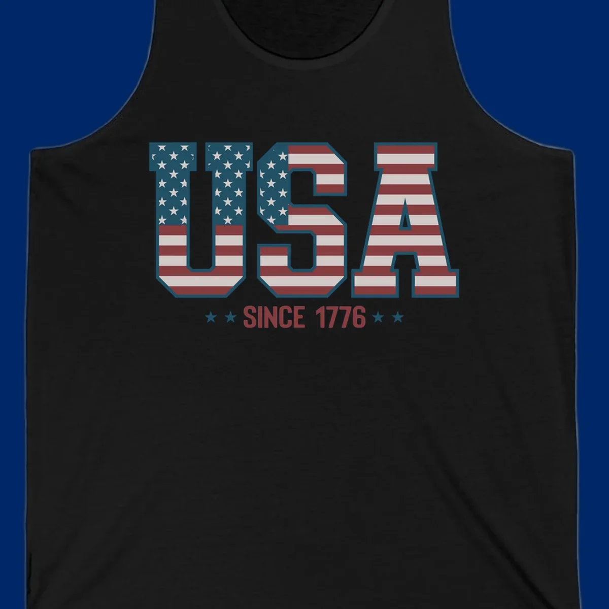 USA Since 1776 patriotic design with American flag pattern letters and stars below the text.