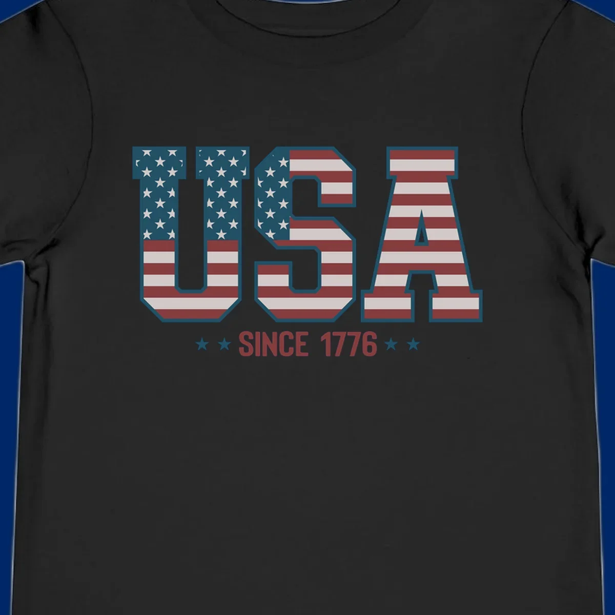 USA Since 1776 patriotic design with American flag pattern letters and stars below the text.