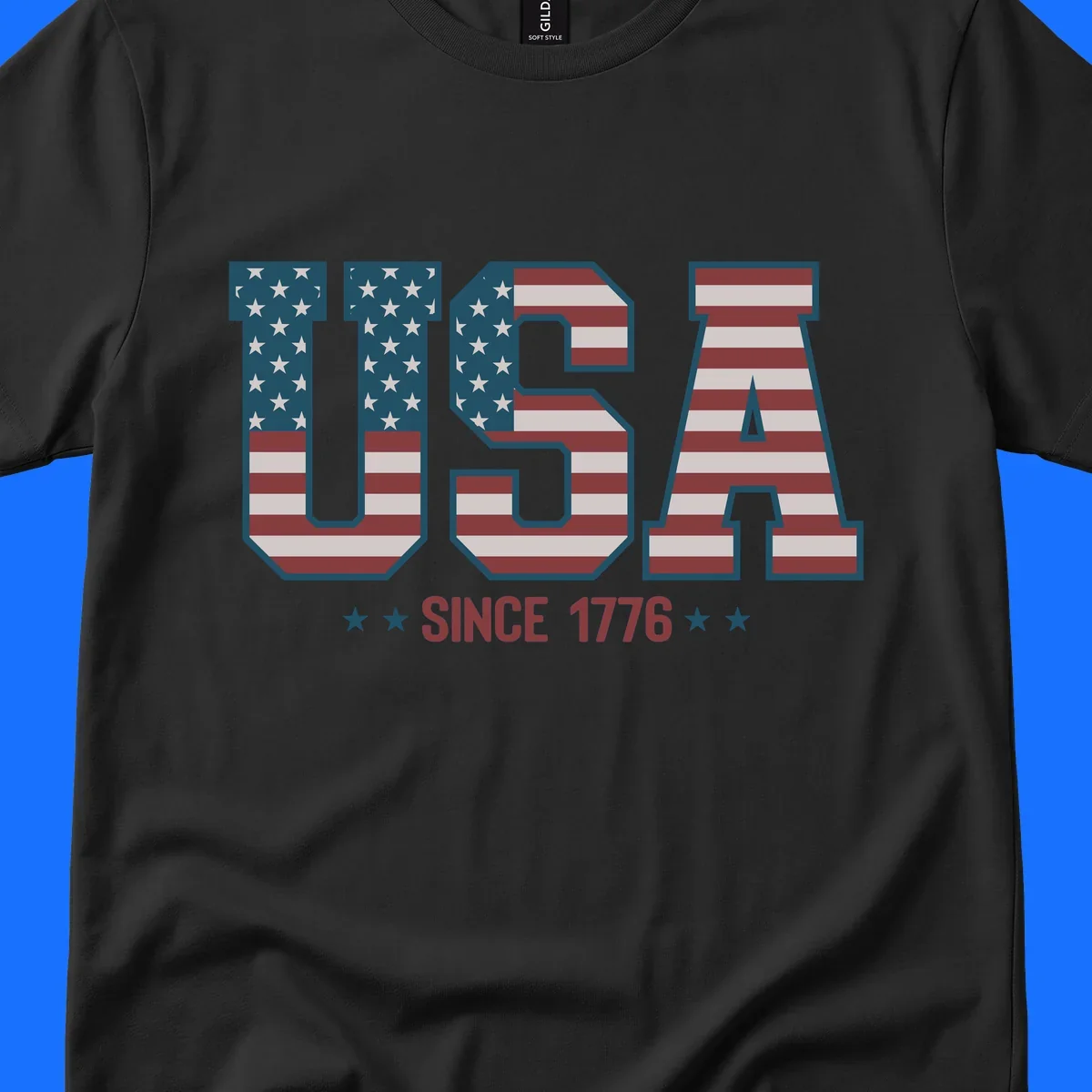 USA Since 1776 patriotic design with American flag pattern letters and stars below the text.