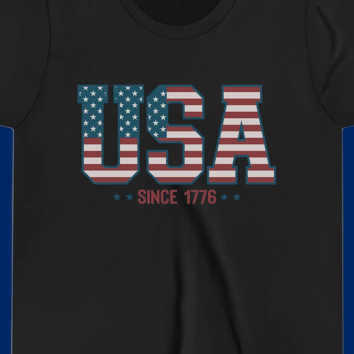 USA Since 1776 patriotic design with American flag pattern letters and stars below the text.