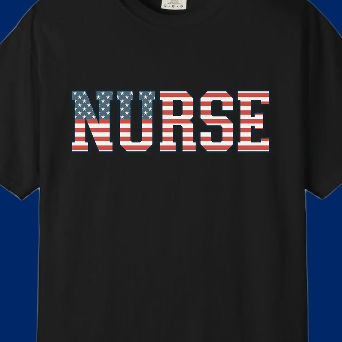 The word NURSE in bold capital letters, styled with American flag stars and stripes pattern, outlined in dark blue. Features patriotic nurse-american-flag-appreciation concept.