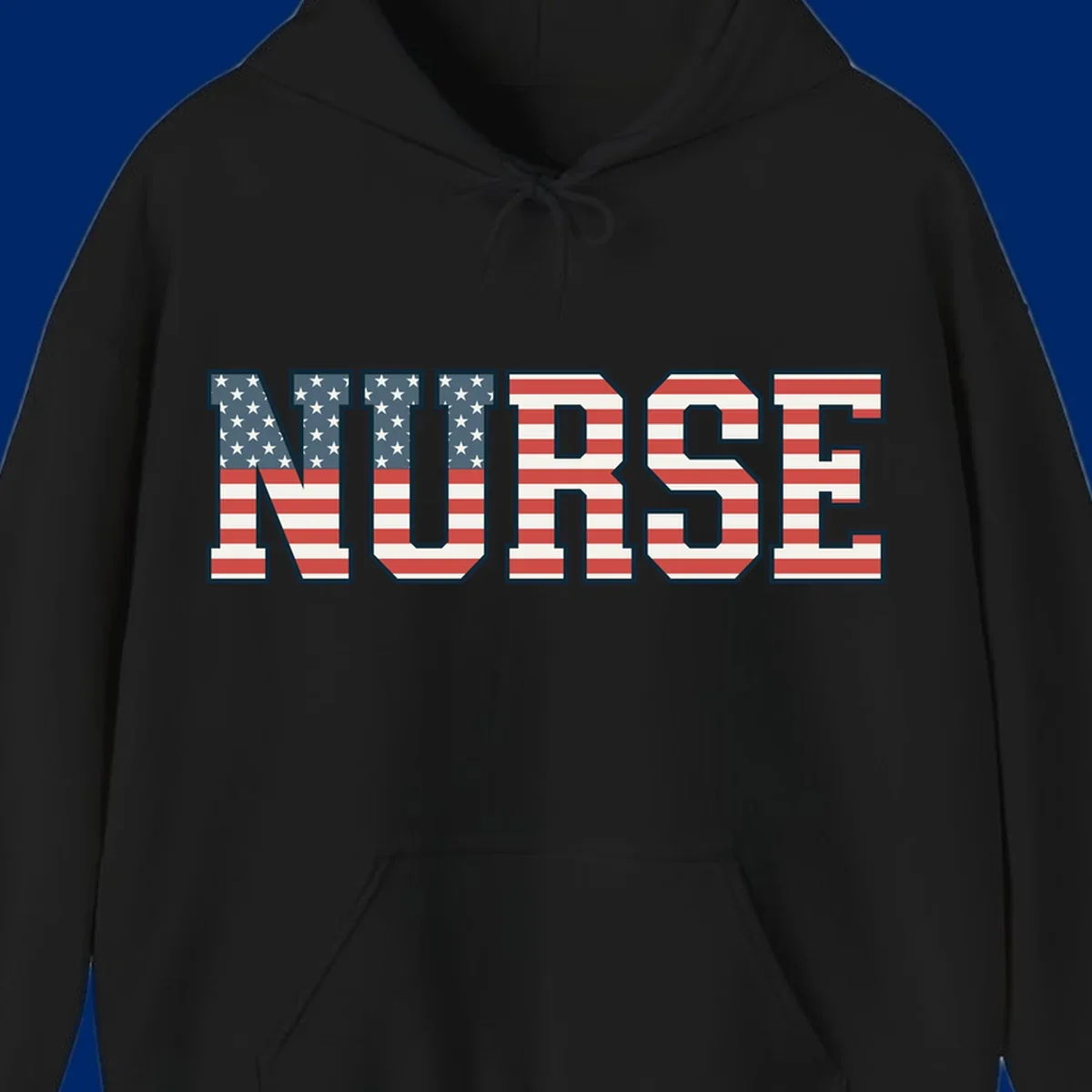 The word NURSE in bold capital letters, styled with American flag stars and stripes pattern, outlined in dark blue. Features patriotic nurse-american-flag-appreciation concept.