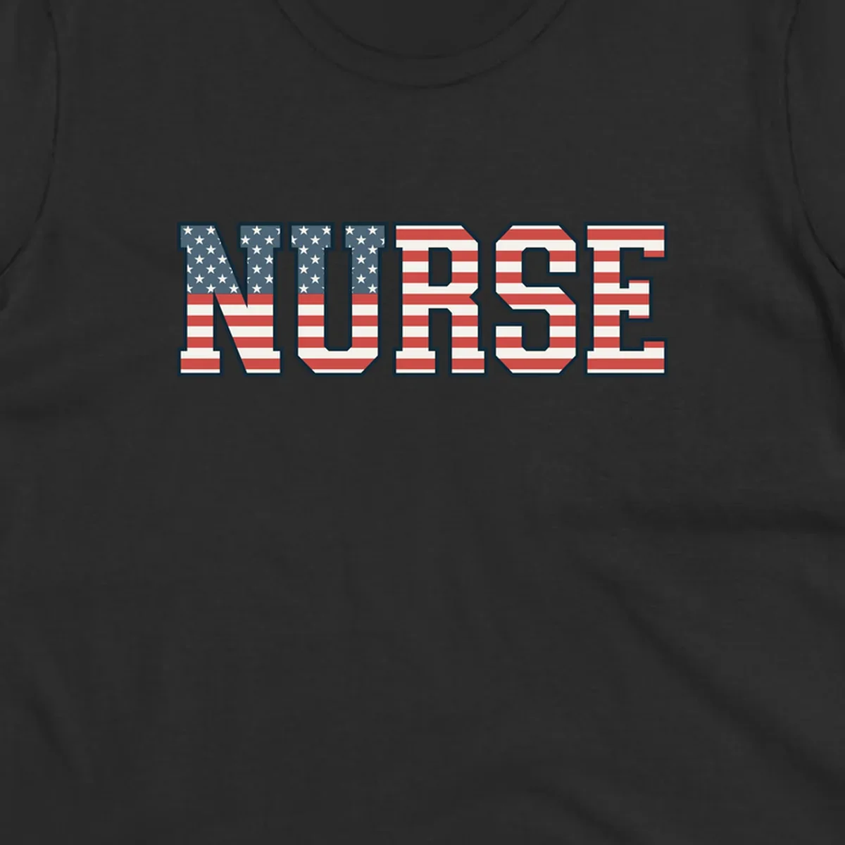 The word NURSE in bold capital letters, styled with American flag stars and stripes pattern, outlined in dark blue. Features patriotic nurse-american-flag-appreciation concept.