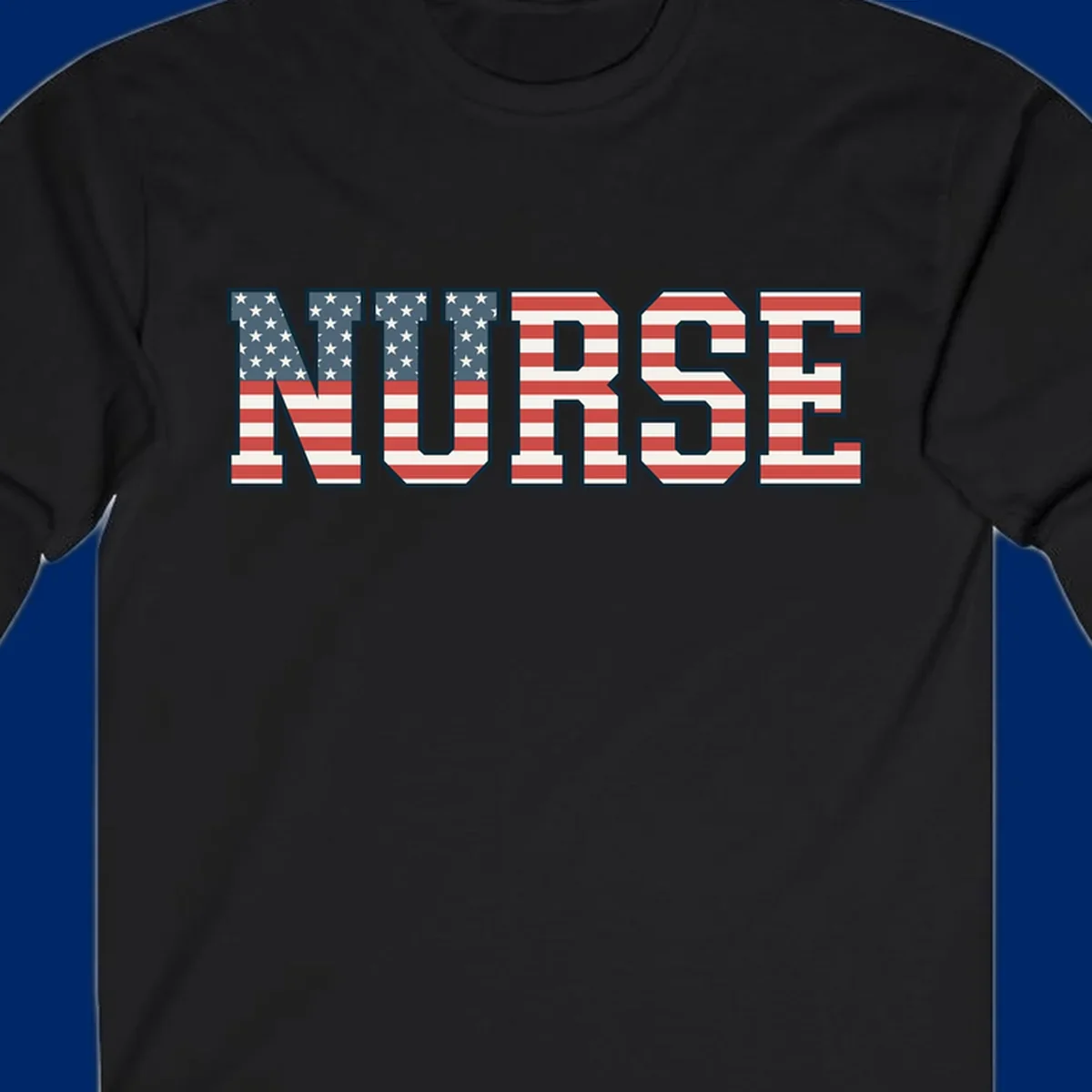 The word NURSE in bold capital letters, styled with American flag stars and stripes pattern, outlined in dark blue. Features patriotic nurse-american-flag-appreciation concept.