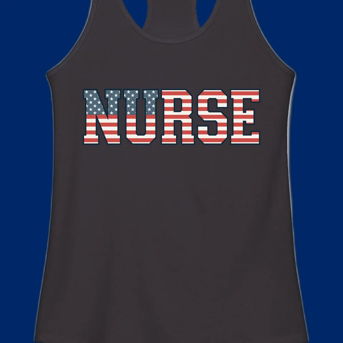The word NURSE in bold capital letters, styled with American flag stars and stripes pattern, outlined in dark blue. Features patriotic nurse-american-flag-appreciation concept.