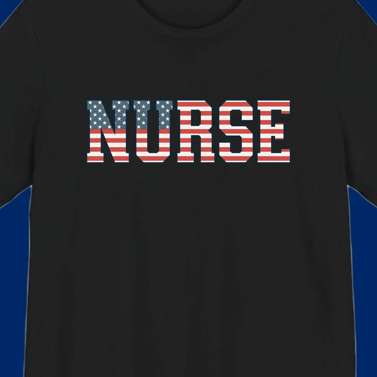 The word NURSE in bold capital letters, styled with American flag stars and stripes pattern, outlined in dark blue. Features patriotic nurse-american-flag-appreciation concept.