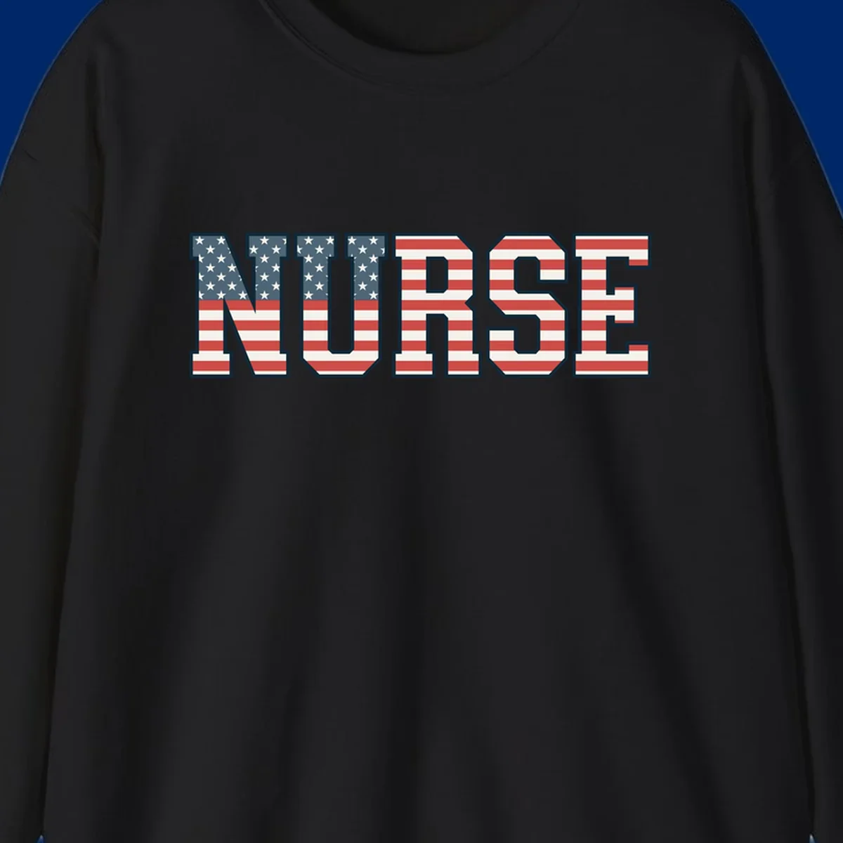 The word NURSE in bold capital letters, styled with American flag stars and stripes pattern, outlined in dark blue. Features patriotic nurse-american-flag-appreciation concept.