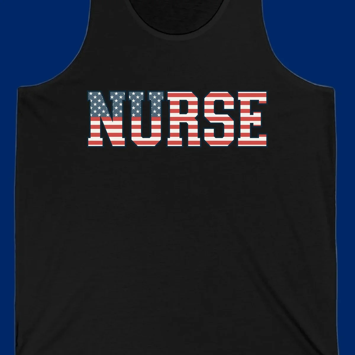 The word NURSE in bold capital letters, styled with American flag stars and stripes pattern, outlined in dark blue. Features patriotic nurse-american-flag-appreciation concept.