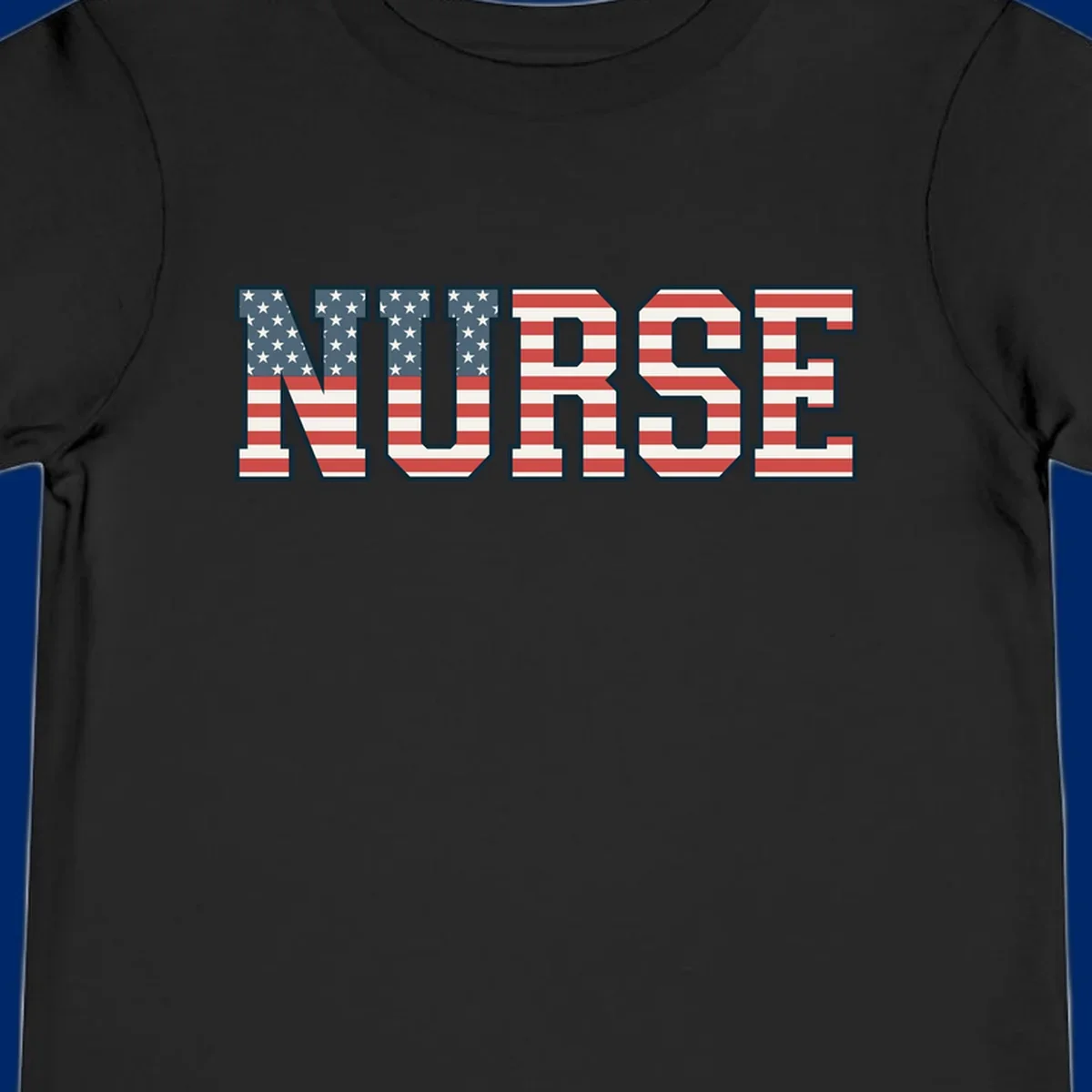 The word NURSE in bold capital letters, styled with American flag stars and stripes pattern, outlined in dark blue. Features patriotic nurse-american-flag-appreciation concept.