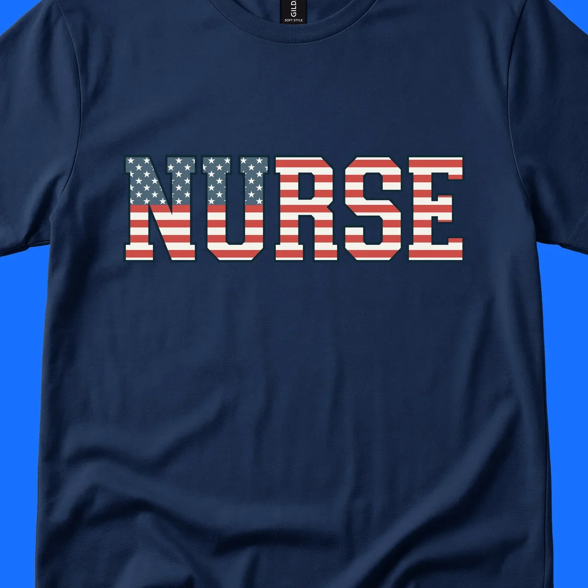 The word NURSE in bold capital letters, styled with American flag stars and stripes pattern, outlined in dark blue. Features patriotic nurse-american-flag-appreciation concept.
