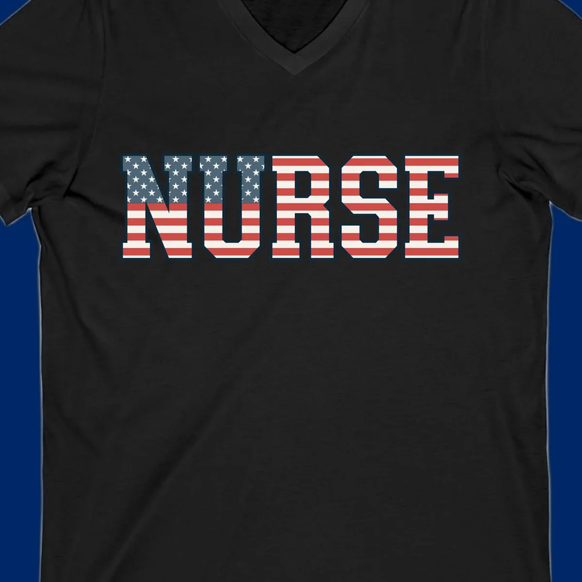 The word NURSE in bold capital letters, styled with American flag stars and stripes pattern, outlined in dark blue. Features patriotic nurse-american-flag-appreciation concept.