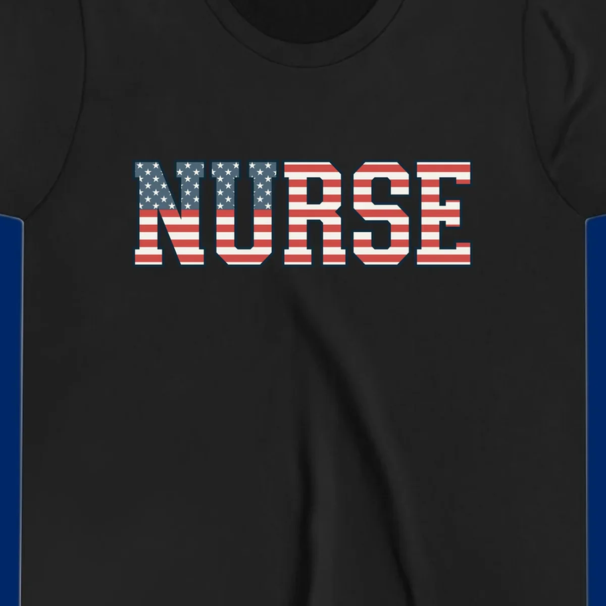 The word NURSE in bold capital letters, styled with American flag stars and stripes pattern, outlined in dark blue. Features patriotic nurse-american-flag-appreciation concept.